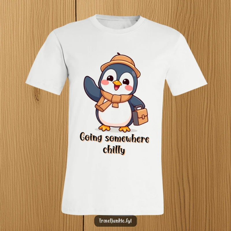 Funny penguin with a tiny suitcase waving goodbye enthusiastically, ready for adventure, perfect funny t-shirt gift.