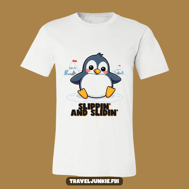 Funny Penguin Sliding T-Shirt: Playful Arctic Character Tee for Fun Lovers