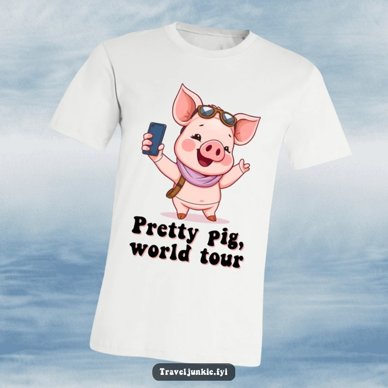 Funny T-Shirt: A giggling piglet tourist holds up a phone to take a funny selfie.