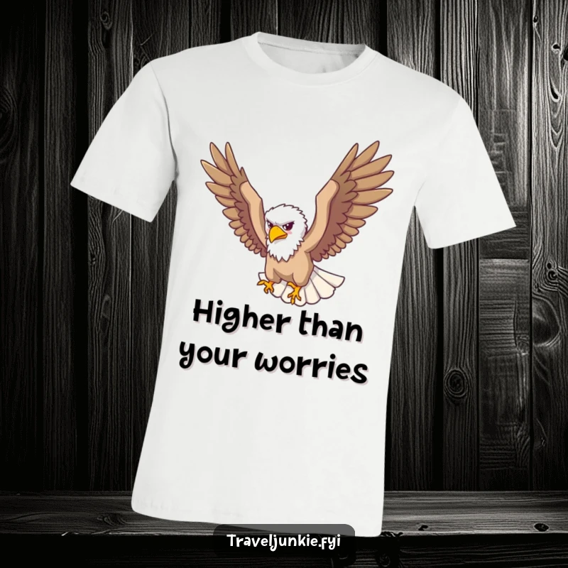 Funny T-Shirt: A soaring eagle traveler surveys the world from above with a grand and funny perspective.