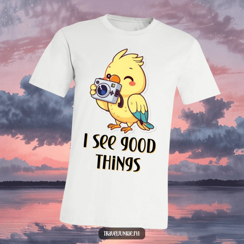 Funny T-shirt featuring a cheerful parrot character with a small camera, actively taking a picture, looking artistic and fun.