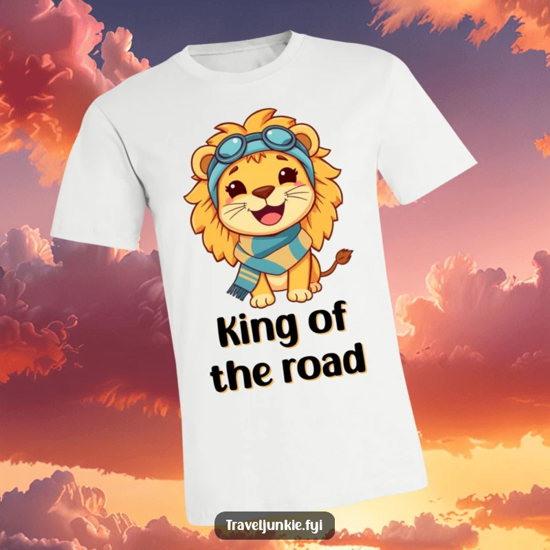 Funny Lion Travel T-Shirt: A cheerful t-shirt featuring a smiling lion wearing a travel scarf, embodying a love for adventure.