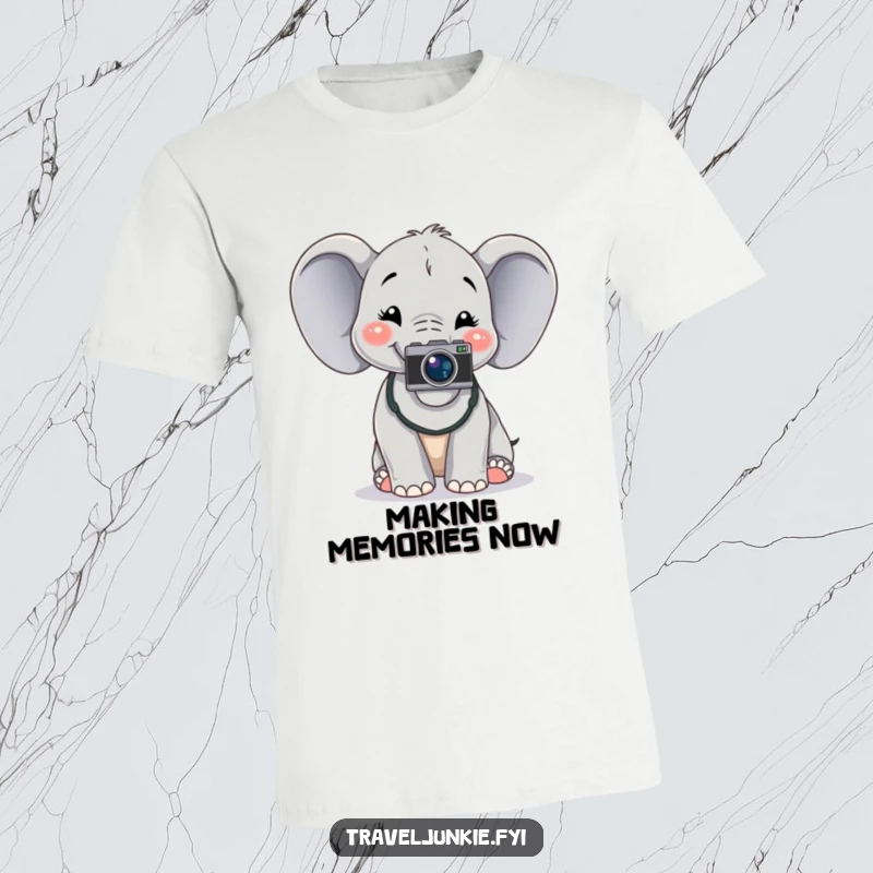 Funny cheerful elephant wearing a camera, posing happily, perfect funny t-shirt gift for photographers.