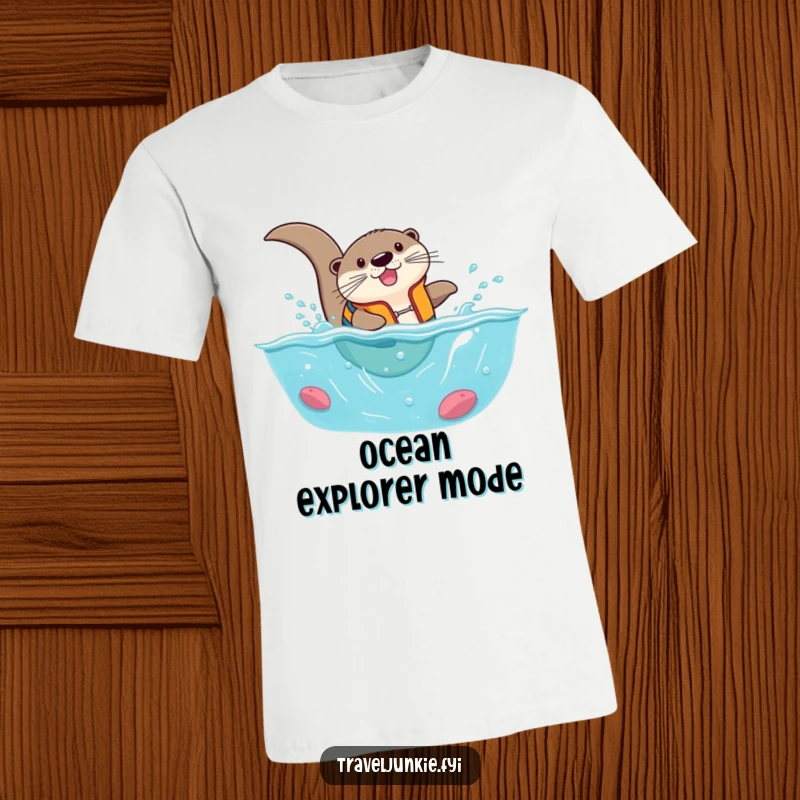Funny otter in a life vest, comically diving into a tiny ocean, a funny and action-packed t-shirt.