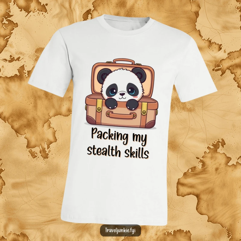 Funny panda t-shirt, curious character peeking from a suitcase, perfect humorous travel gift for him or her.