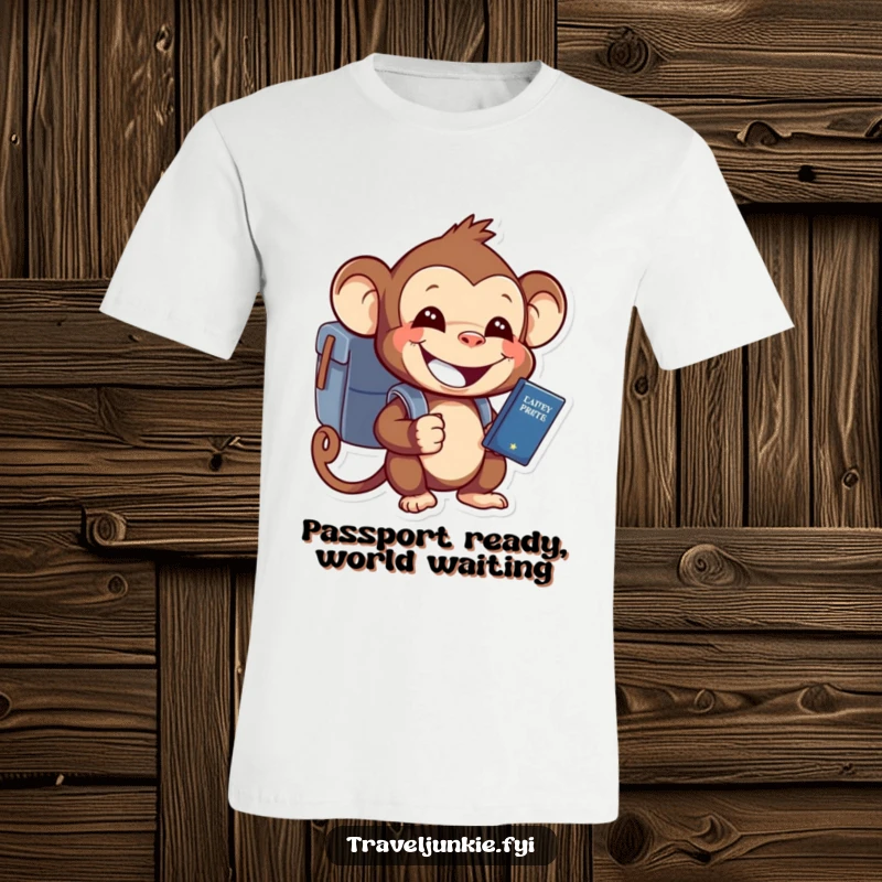 Funny monkey wearing a backpack grinning widely, holding a passport, printed on a comfortable t-shirt.