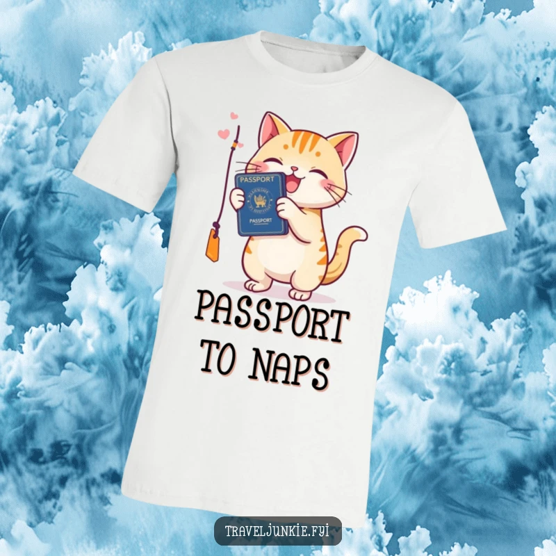Funny cat t-shirt, a happy feline playfully batting at a passport tag, embodying the spirit of adventure and feline charm.