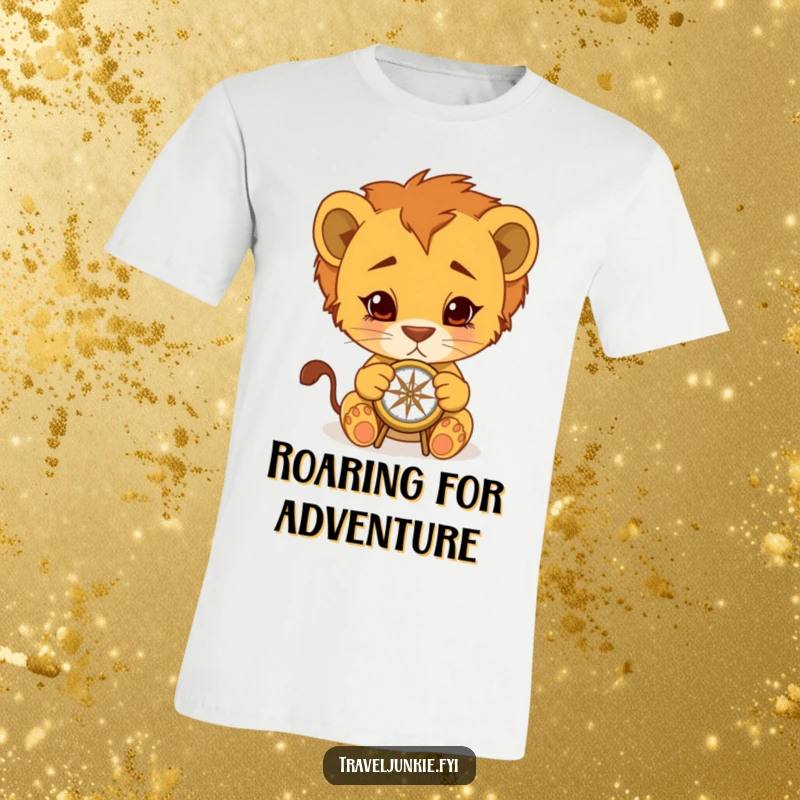 Funny Lion Cub T-Shirt: Adorable cub with compass, embarking on a comical journey, ideal funny gift for adventurers.
