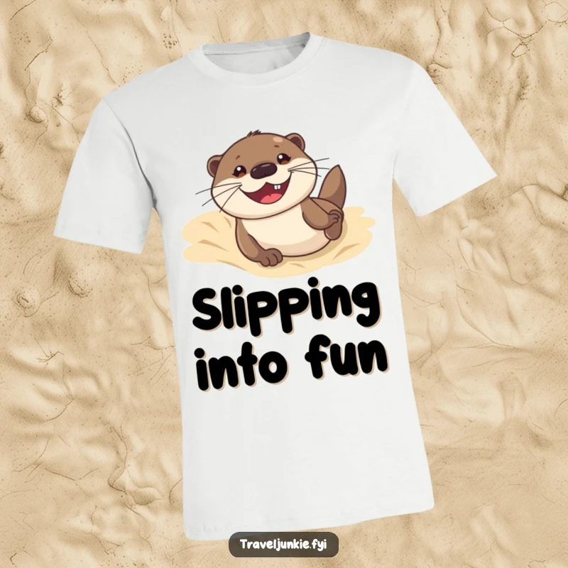 Funny t-shirt shows a cute otter gleefully sliding down a sand dune, perfect for beachgoers who enjoy humorous, playful graphics.
