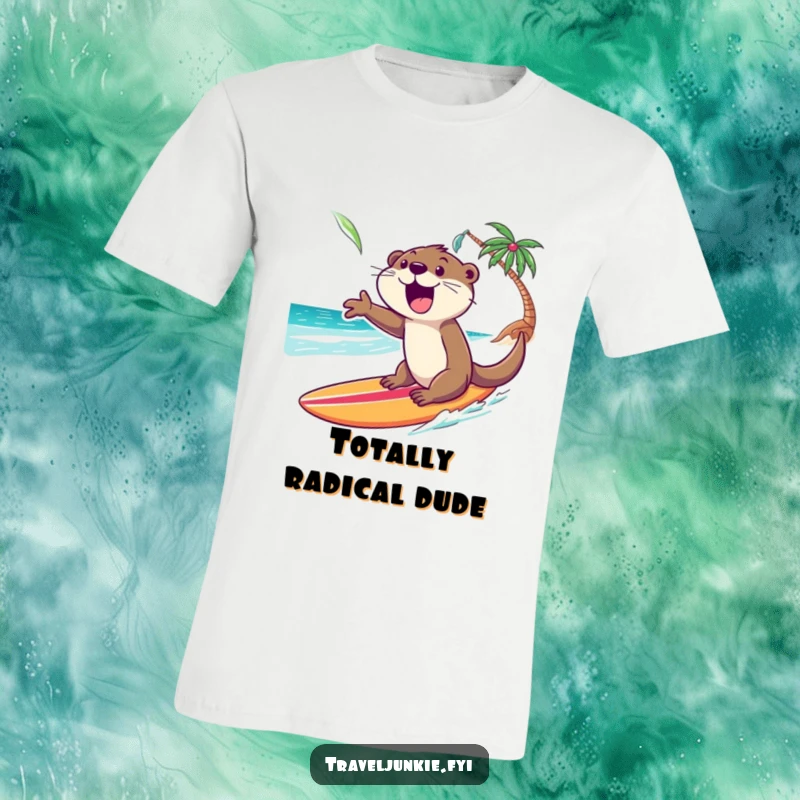 Funny Otter T-Shirt: An excited otter rides a surfboard with pure glee towards a sunny tropical beach.