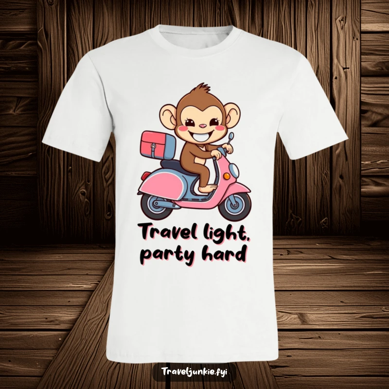 Funny beaming monkey riding a suitcase like a scooter, humorous t-shirt for travel enthusiasts.