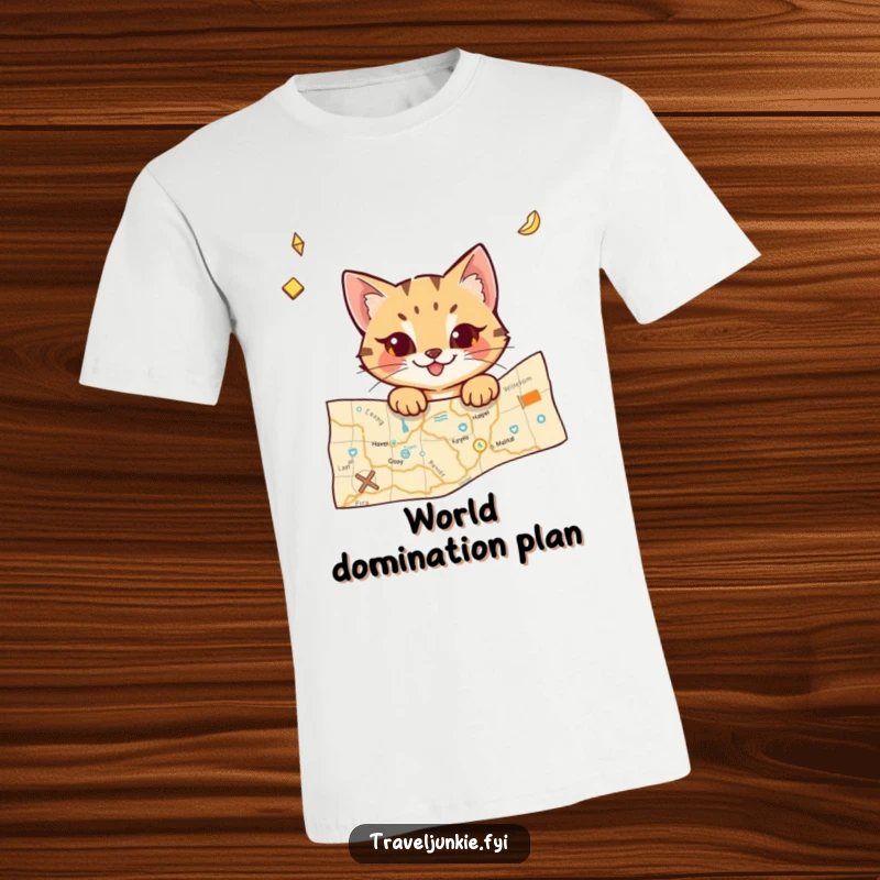 Funny cat t-shirt with a mischievous character peeking from a travel map, ideal for adventurers and cat lovers alike.