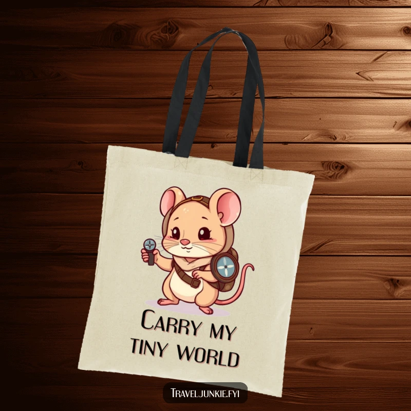 Funny Tote Bag: A little mouse wanderer navigates with a compass, perfect for carrying funny treasures.