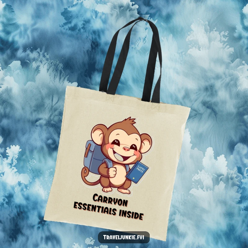 Funny monkey with a tiny backpack and passport, grinning, ready for travel, on a durable tote bag.