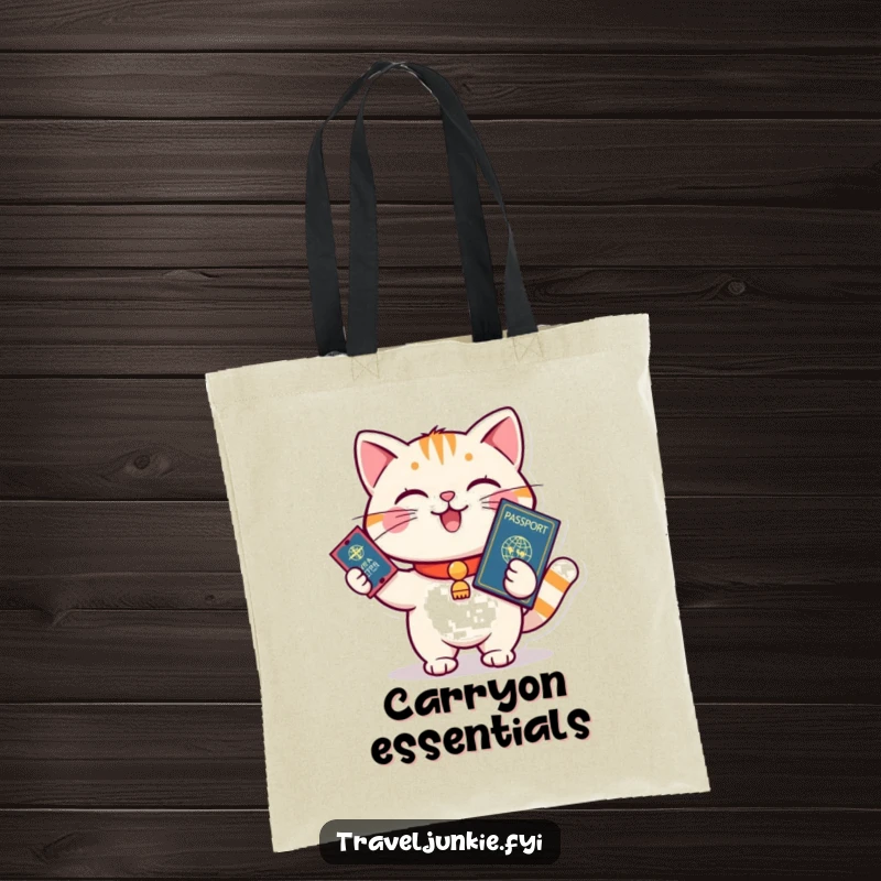 Funny cat holding a passport and ticket, ready to board, ideal for carrying travel essentials, humorous tote bag.