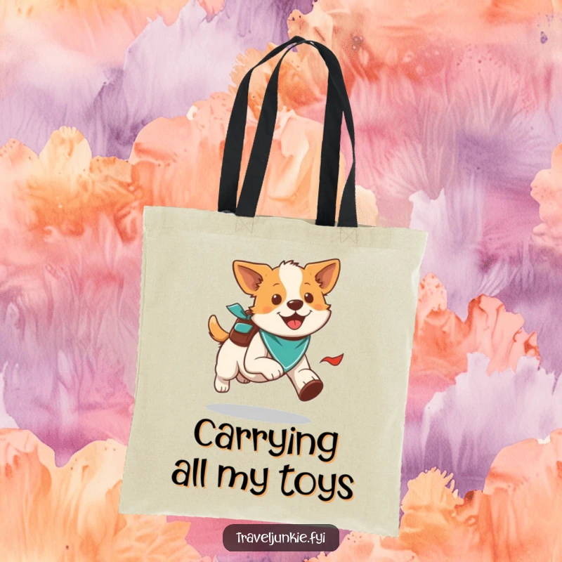 Funny energetic dog running with a bandana and backpack, ideal for carrying outdoor essentials, humorous tote bag.