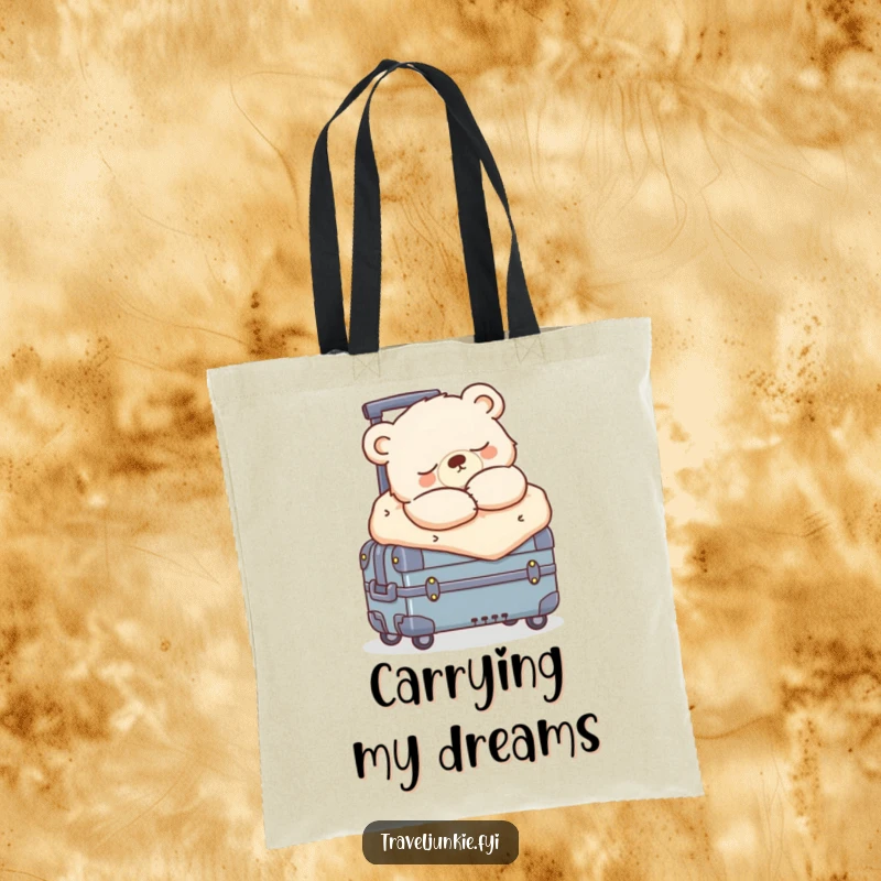 Funny sleepy bear cub snoozing, bundled on a rolling suitcase, a cute and humorous tote bag for daily use.