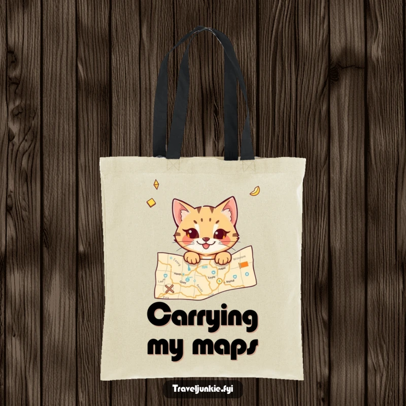 Funny cat tote bag with a mischievous character peeking from a travel map, ideal for carrying items on any adventure.