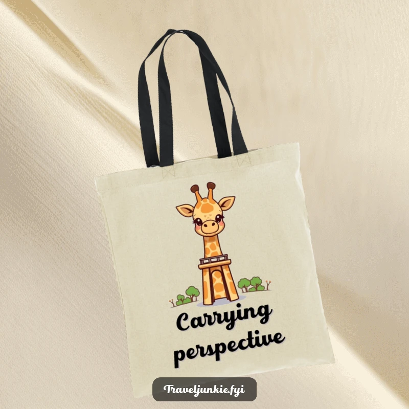 Funny giraffe character peering over a famous landmark, printed on a durable tote bag, perfect for carrying essentials.