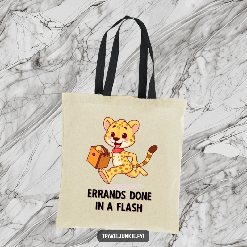 Funny cheetah tote bag, perfect for carrying essentials, with a happy character sprinting with a travel bag, a humorous gift.