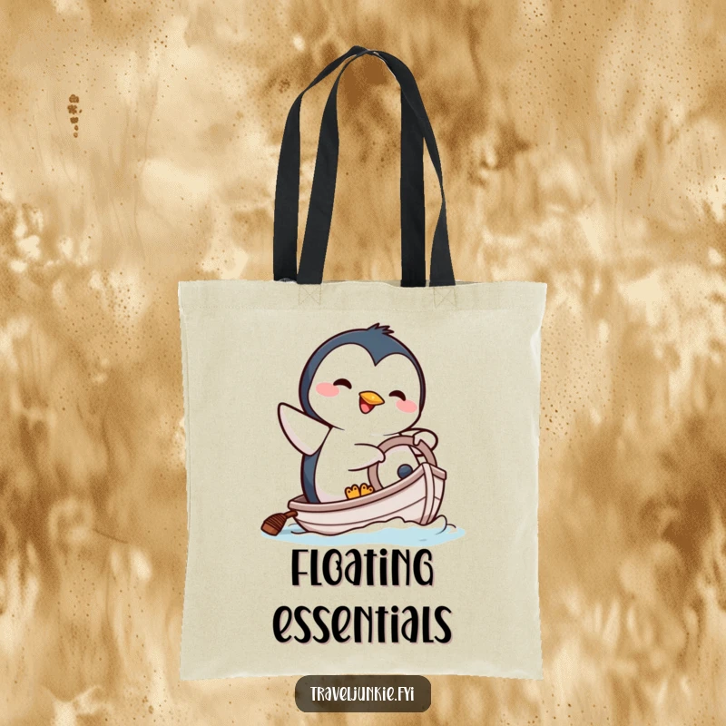 Funny tote bag featuring a happy penguin character comically attempting to steer a tiny boat, ready for travel.