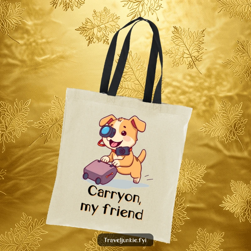 Funny dog tote bag, a playful dog with a camera chasing a rolling suitcase, perfect for carrying travel essentials.