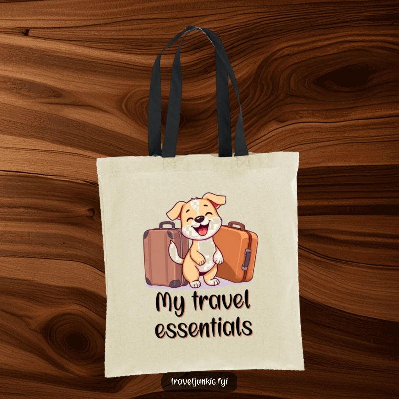 Funny Dog Tote Bag: Happy dog sitting by a suitcase, ready for a trip, showcasing a love for travel and pet-friendly adventures.