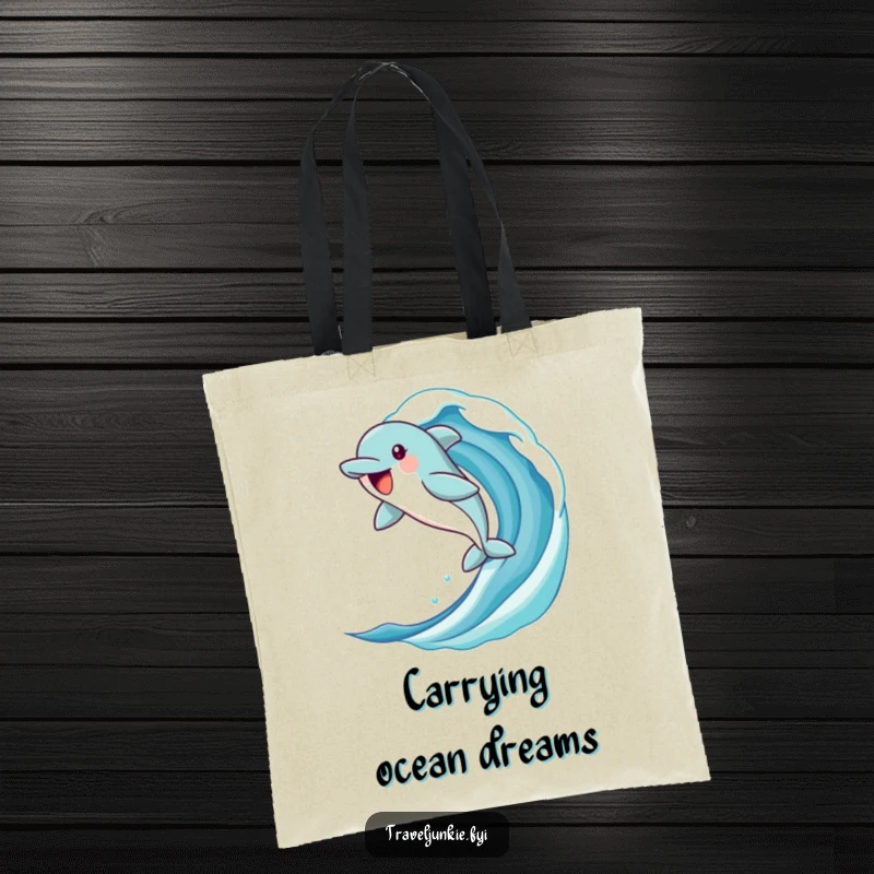 Funny dolphin tote bag with a jubilant character leaping from a stylized ocean wave, ideal for carrying items with a humorous ocean theme.