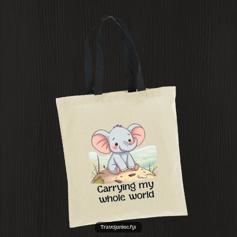 Funny elephant character enjoying a scenic view from a hilltop, a peaceful and funny gift tote bag.