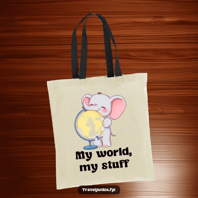 Funny Elephant World Traveler Tote Bag: A cheerful elephant stands beside a globe, a practical and funny accessory for travelers.