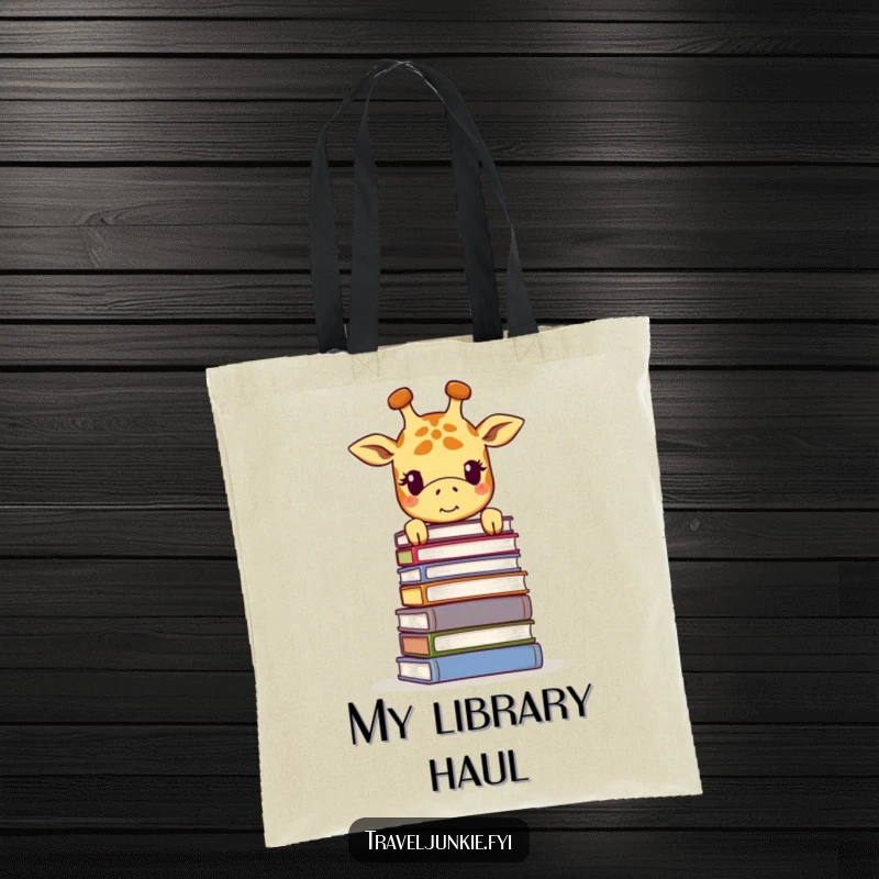 Funny giraffe tote bag, with a smiling giraffe peering over a towering stack of books, perfect for carrying literary finds.