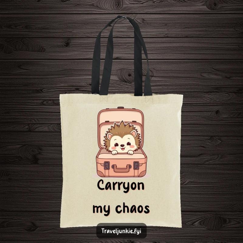 Funny tote bag showing a hedgehog curiously inspecting an open suitcase, perfect for carrying items with a travel-themed humorous design.