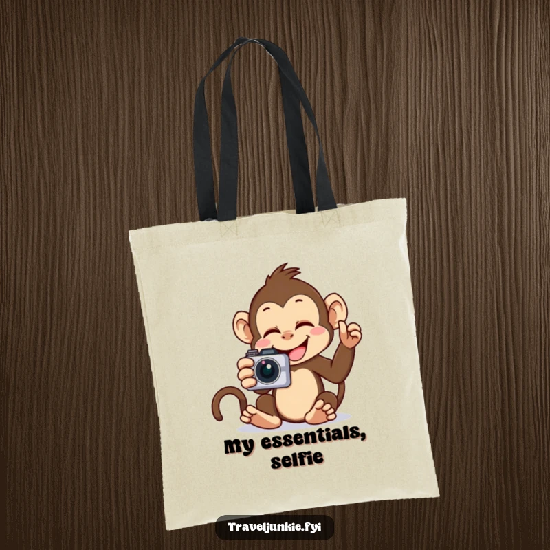 Funny Monkey Selfie Tote Bag: A giggling monkey posing for a selfie with its camera, a funny and functional accessory.