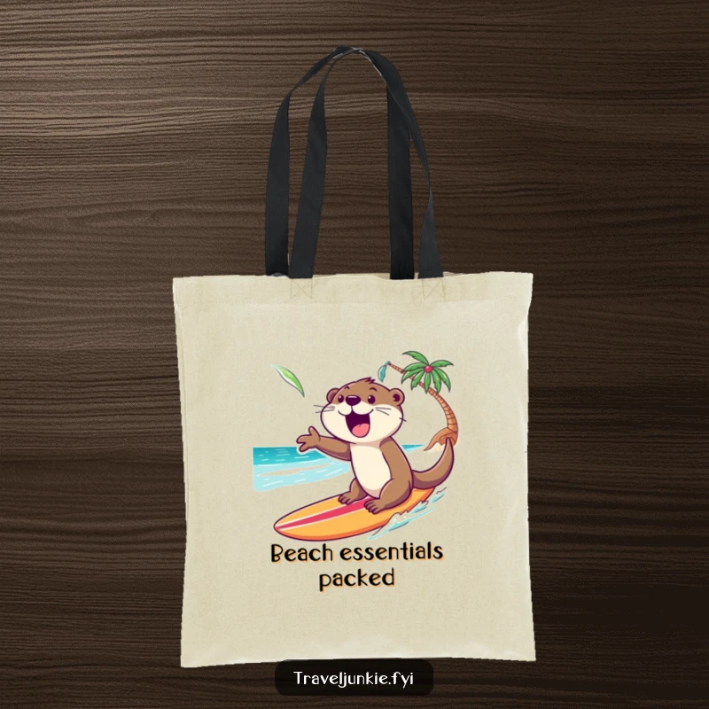 Funny Otter Tote Bag: An excited otter rides a surfboard towards a tropical shore, perfect for carrying beach gear.