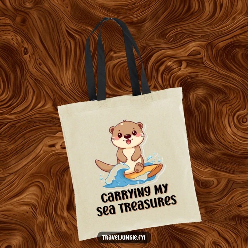 Funny Otter Tote Bag: A smiling otter character playfully rides a small wave, perfect for carrying beach day items.