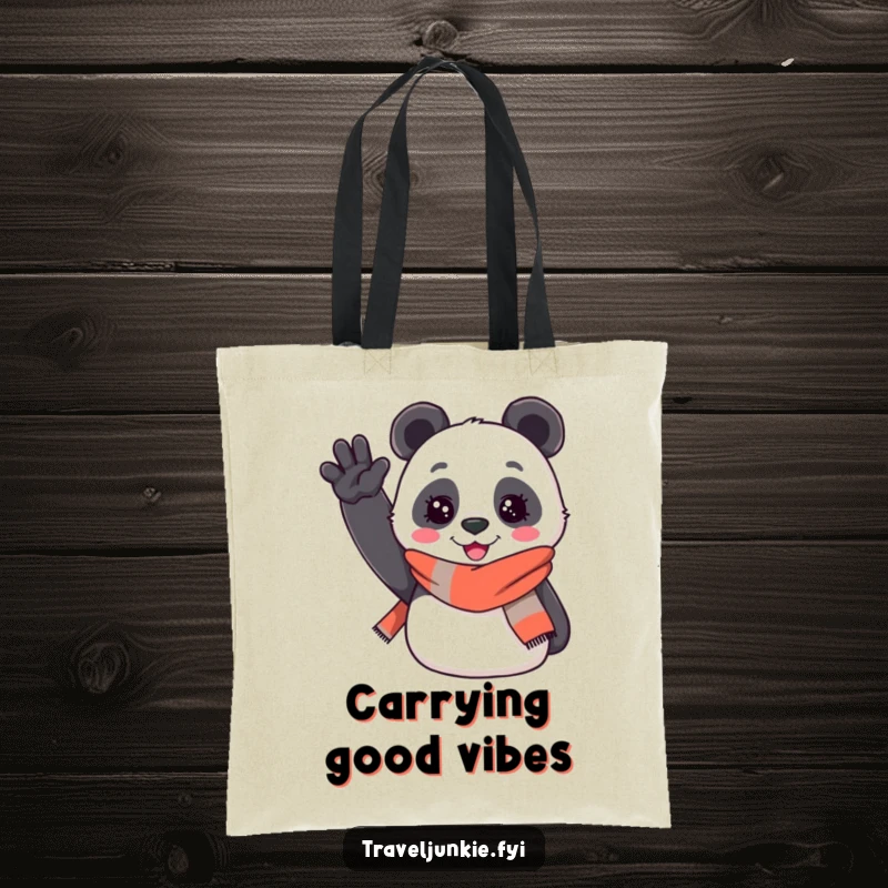 Funny tote bag: a cheerful panda wearing a travel scarf enthusiastically waves hello, perfect for carrying daily essentials and smiles.