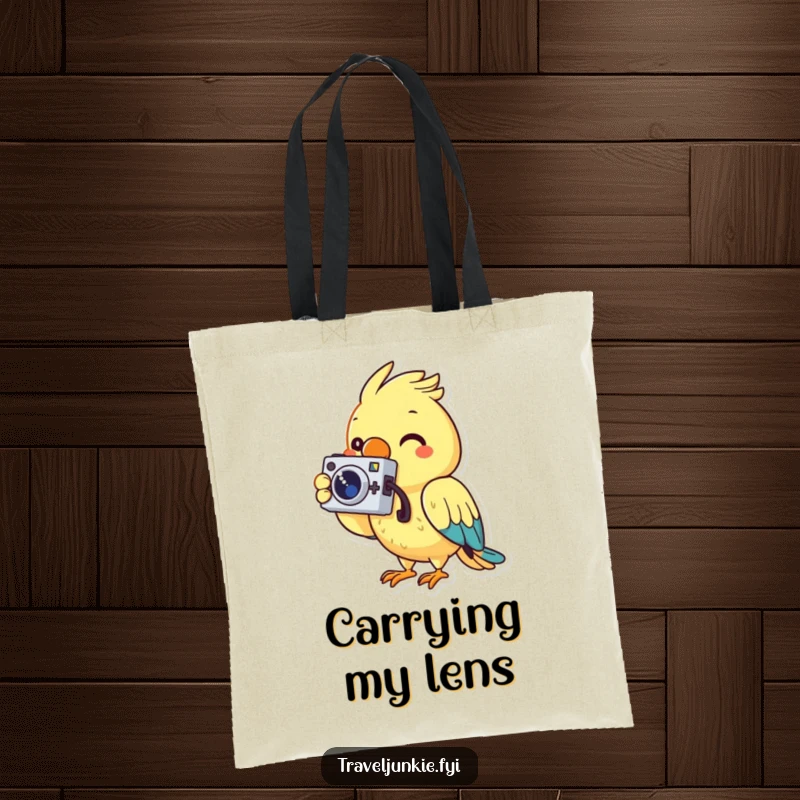 Funny tote bag with a cheerful parrot character holding a small camera, ready to snap a picture, symbolizing a love for photography.