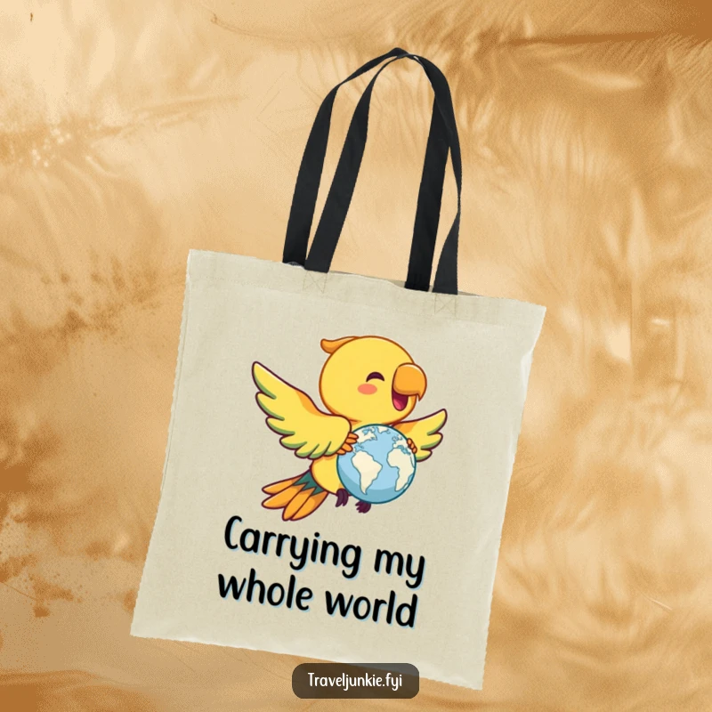 Funny parrot tote bag, perfect for carrying essentials, with a joyful bird flying with a miniature globe, a humorous gift.