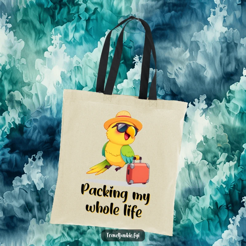 Funny tote bag: a happy parrot with a straw hat and sunglasses zooms with a suitcase, perfect for carrying vacation essentials.