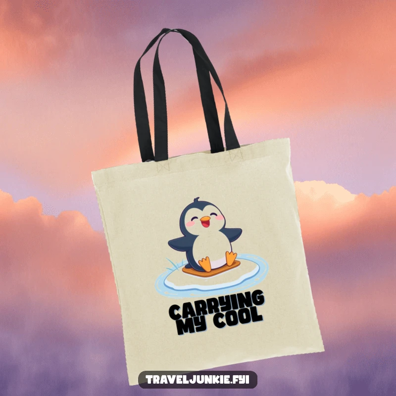 Funny tote bag with a joyful penguin character sliding effortlessly on a frozen lake, embodying winter fun.