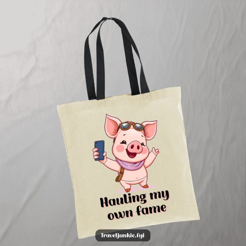Funny Tote Bag: A giggling piglet tourist takes a selfie, perfect for carrying funny souvenirs.