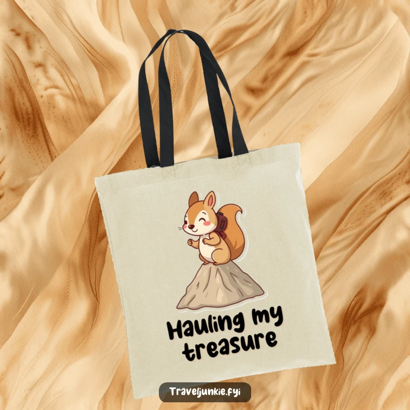 Funny squirrel tote bag, showing a squirrel hiking up a small mountain, perfect for carrying adventure essentials.