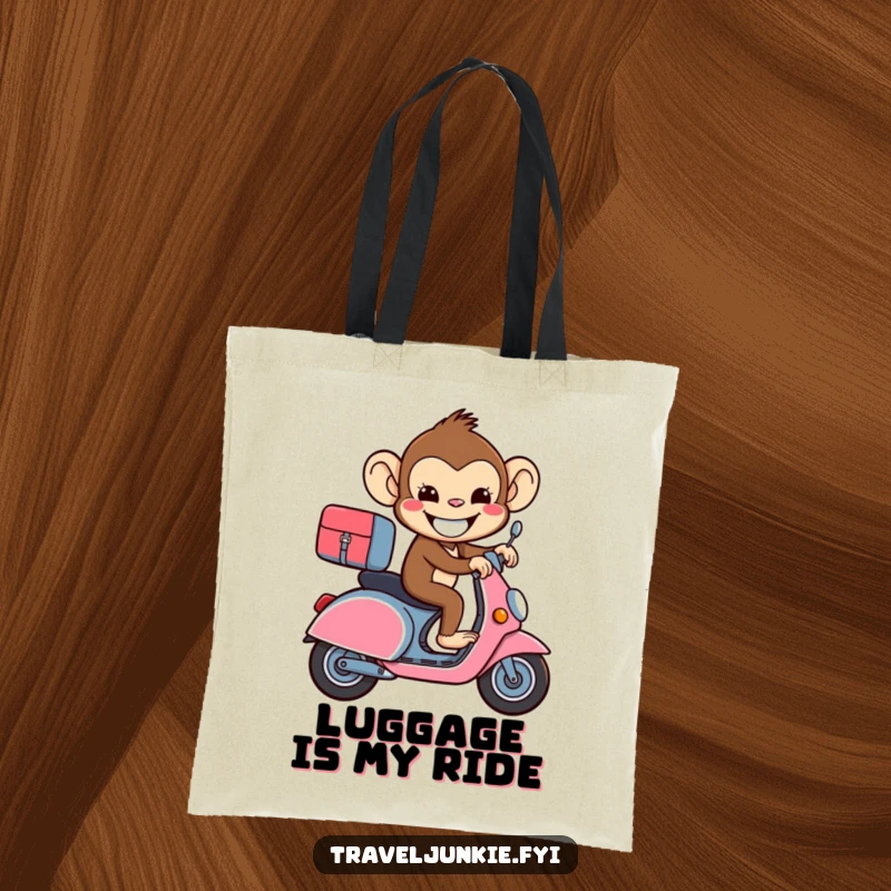 Funny beaming monkey riding a suitcase like a scooter on a tote bag, for carrying essentials humorously.