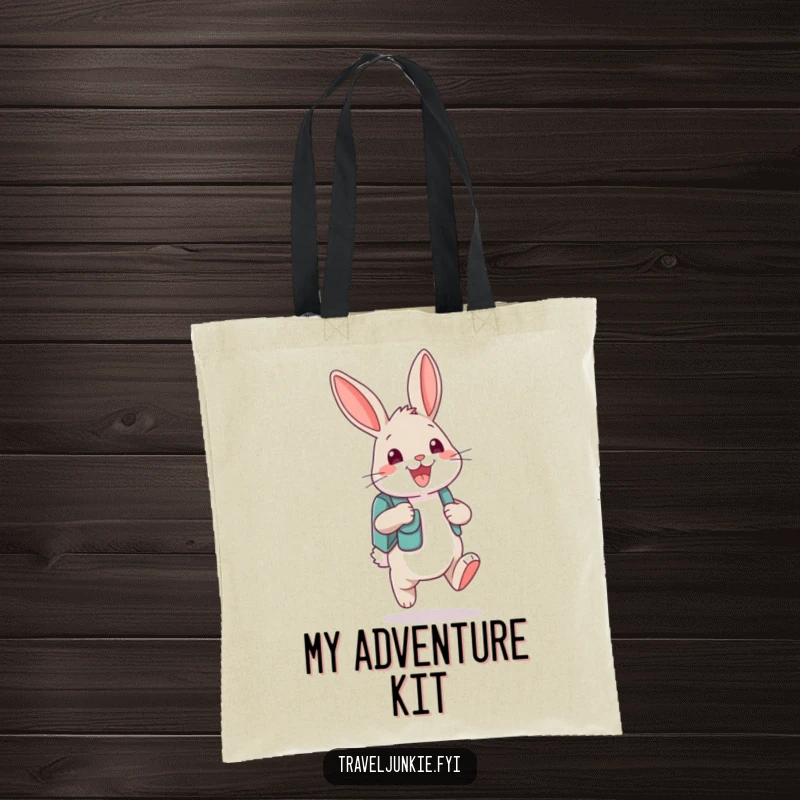 Funny bunny character with a backpack and a big grin on a practical and humorous tote bag, great for travel.