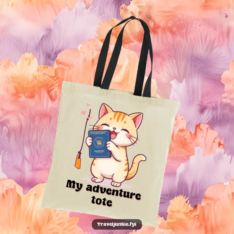 Funny cat tote bag, with a smiling cat playfully pawing at a passport tag, ideal for travel essentials.
