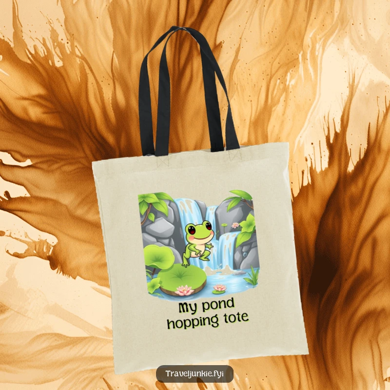 Funny frog character hopping onto a lily pad near a waterfall, a stylish and funny gift tote bag.