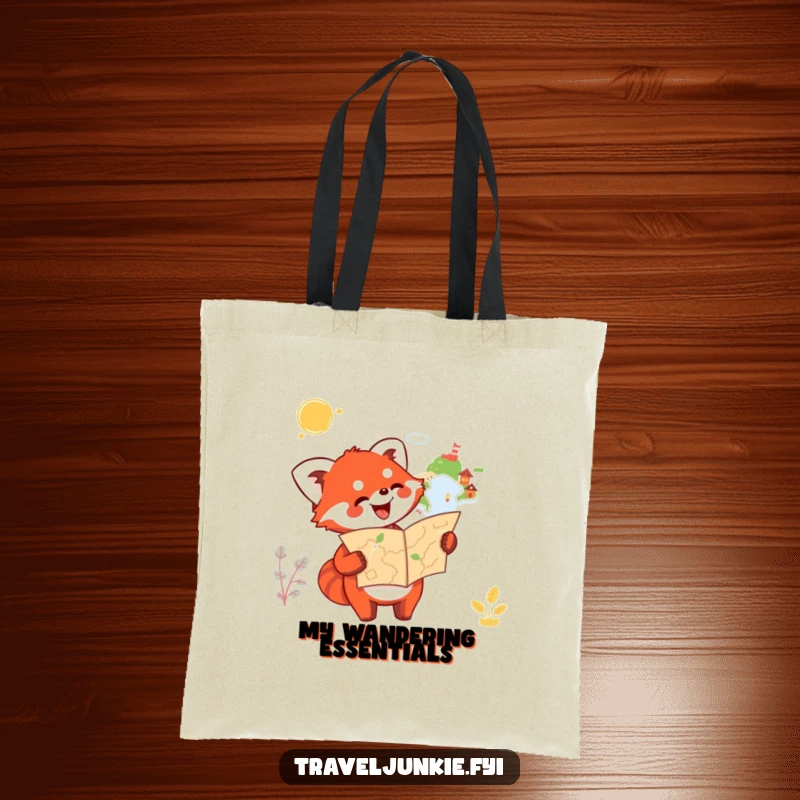 Funny Red Panda Tote Bag: A happy red panda holds a map and points towards an unknown destination, great for carrying items.