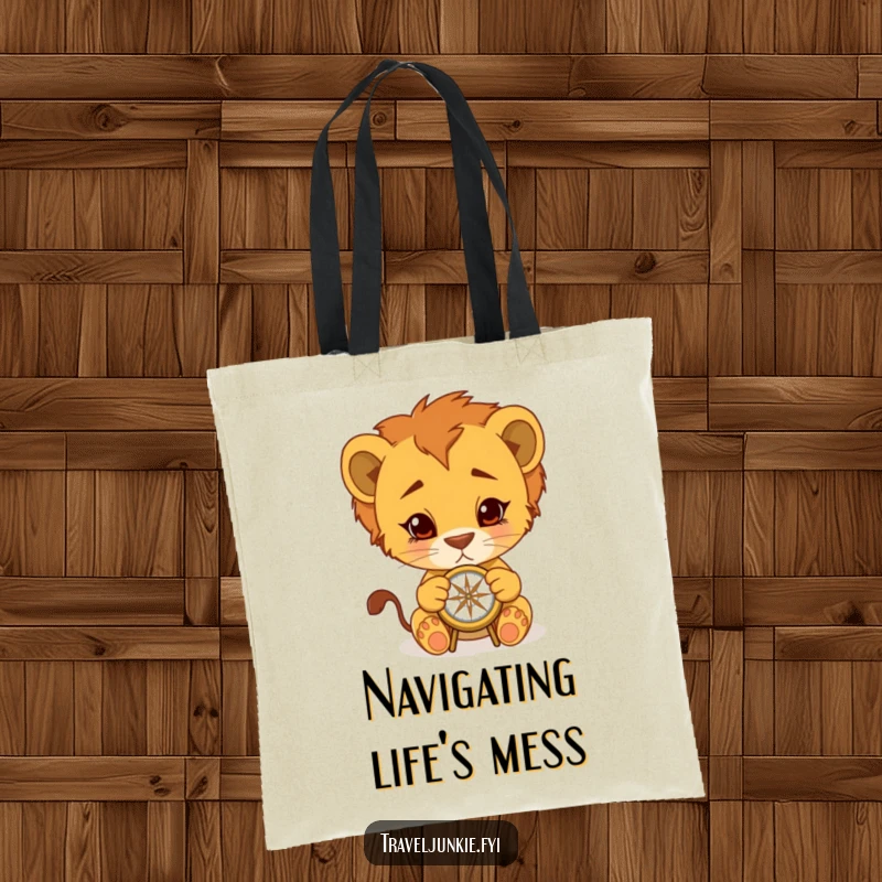 Funny Lion Cub Tote Bag: Cute cub with a compass, perfect for carrying daily items with a humorous travel theme, funny gift.