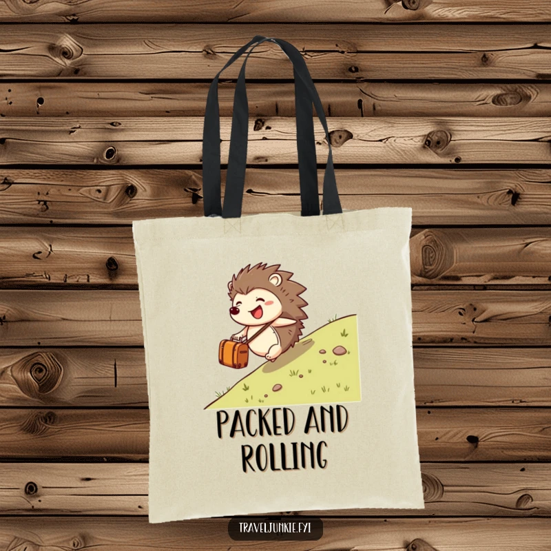 Funny hedgehog character rolling down a hill with a suitcase, printed on a durable tote bag, perfect for travel.